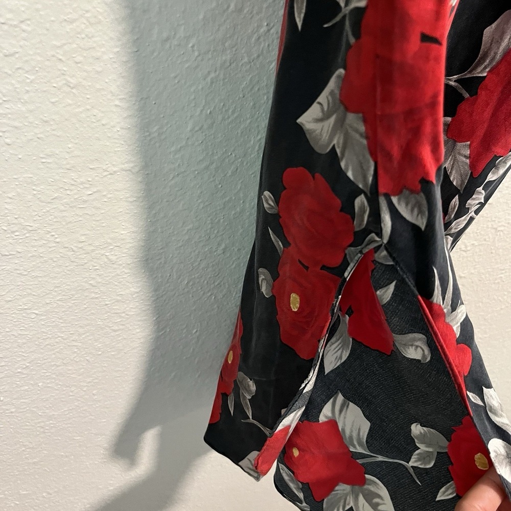 Vintage 90's Slip Dress Chemise Medium 100% Silk Black Floral Satin Babydoll - Picture 4 of 15
